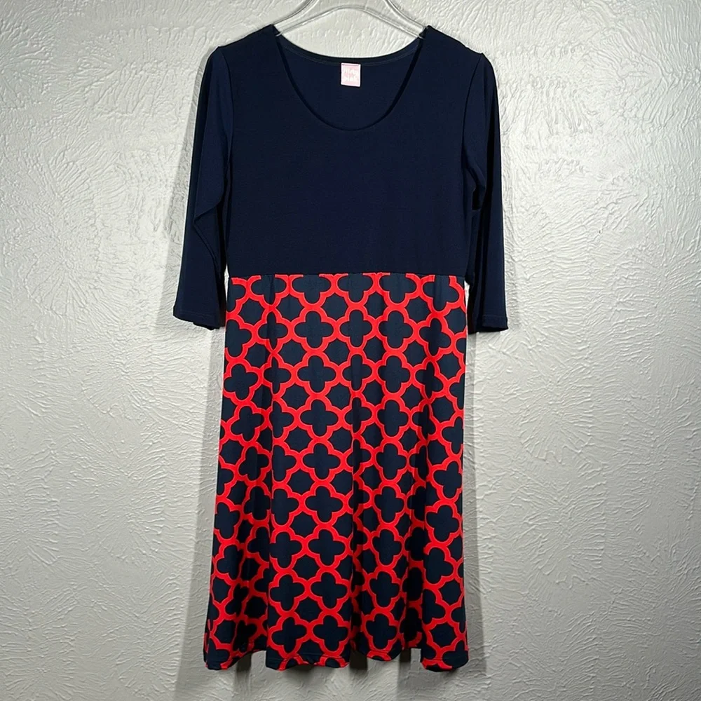 Flirty Pink Navy Blue & Red Patterned 3/4 Sleeve Dress Women's Size Large - Picture 1 of 6
